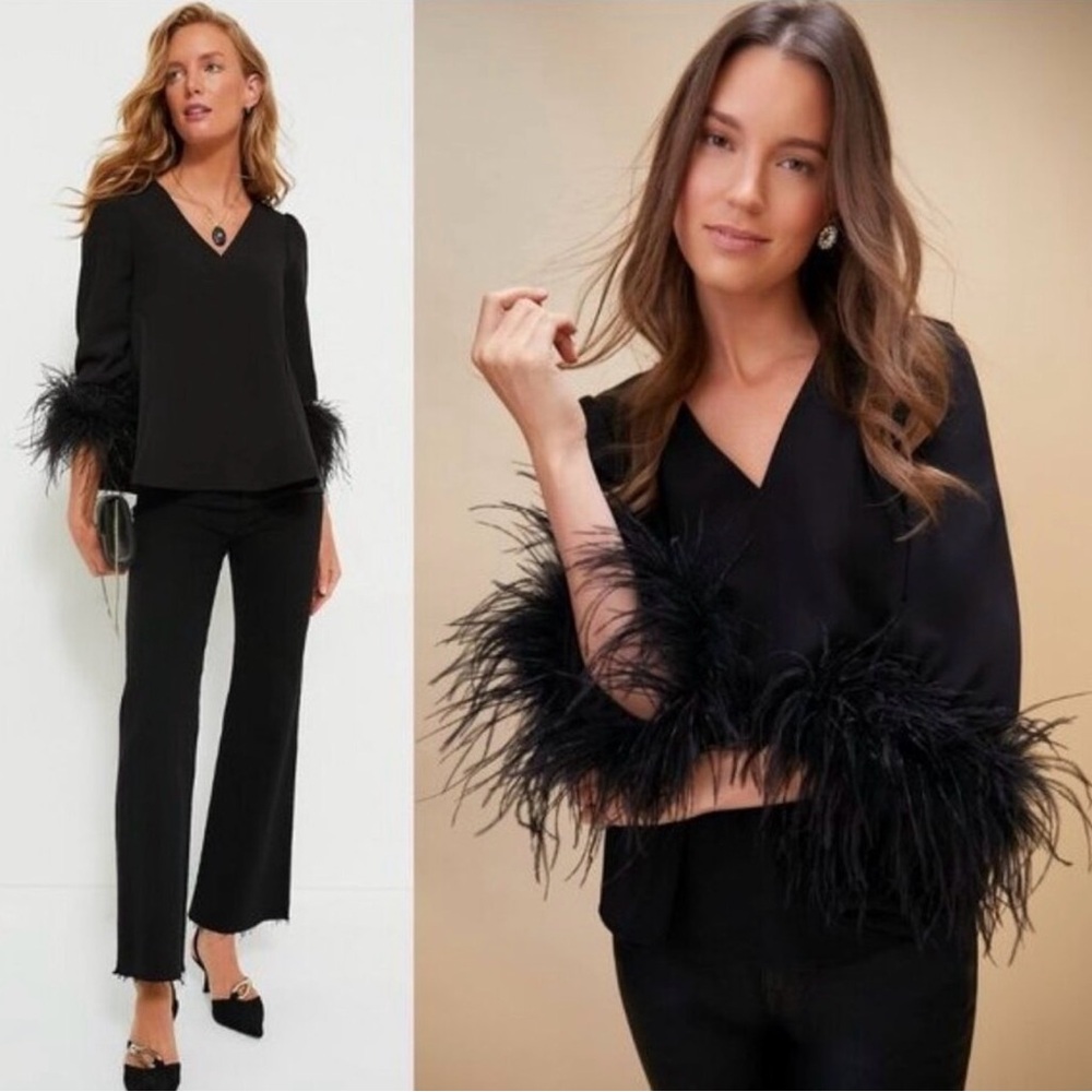 Tuckernuck Black V-Neck Top with Feather Cuffs